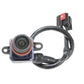 Rear view camera module with lens, metal mounting tabs, and wiring harness