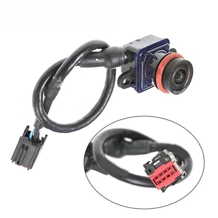Rear view reversing camera with blue connector, wiring harness, and orange-ring lens