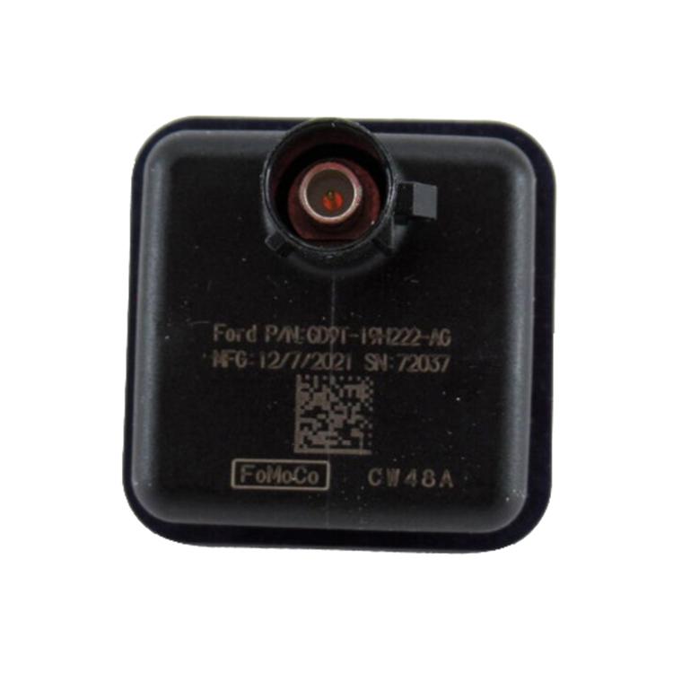 Rear-view reverse assist camera back cover with lens opening and barcode label