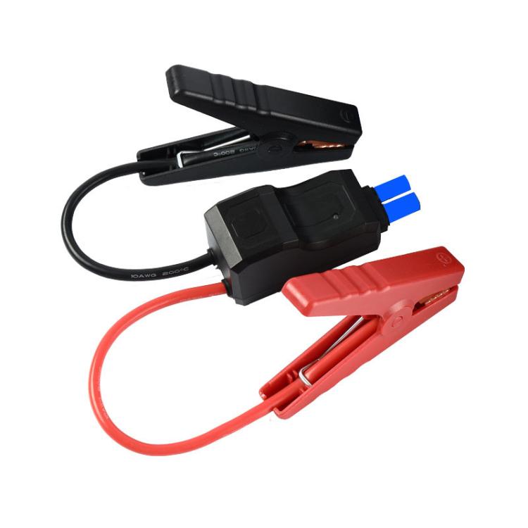 Car emergency jump starter cable with red and black crocodile clips and connector