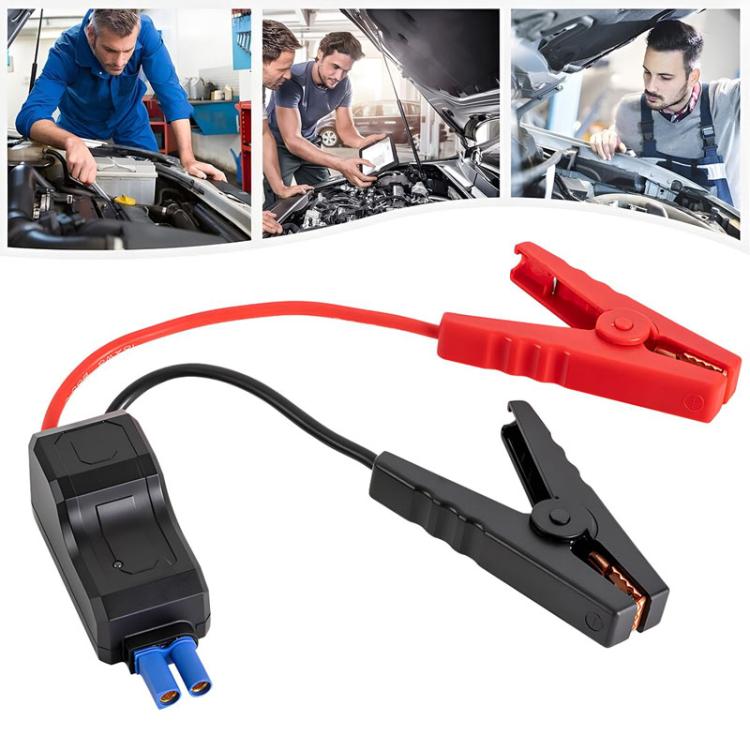 Car jump start accessory with long cable, red clamp, and black clamp connector