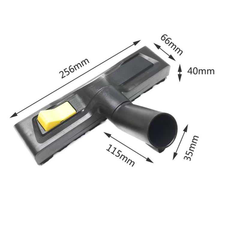 Floor cleaning brush attachment with yellow button and nozzle, size diagram shown