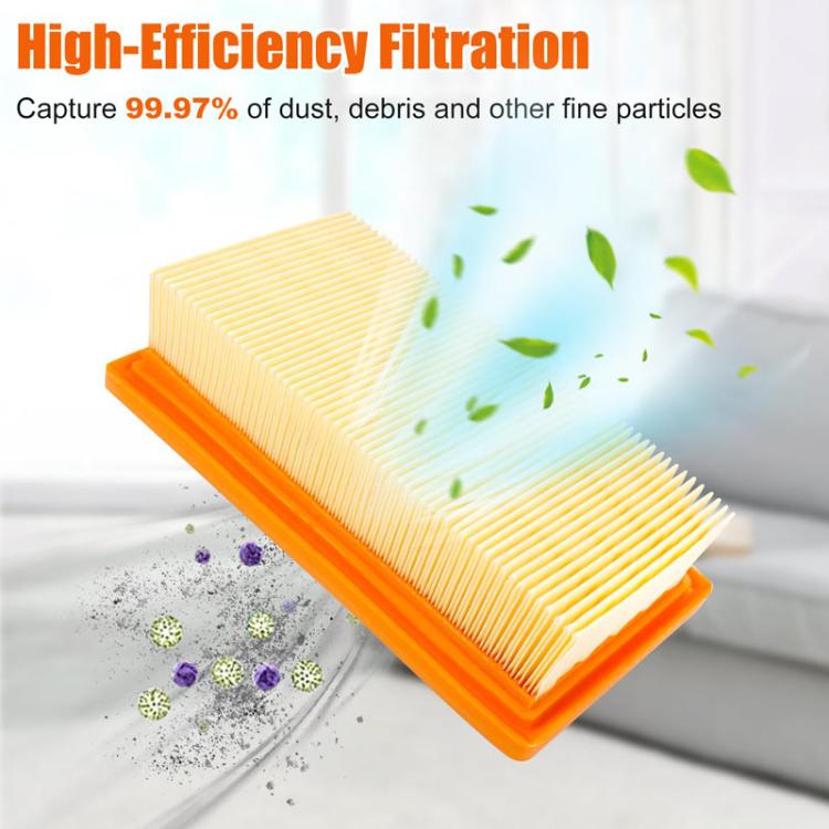 Orange and yellow vacuum cartridge filter with pleated paper media, trapping dust