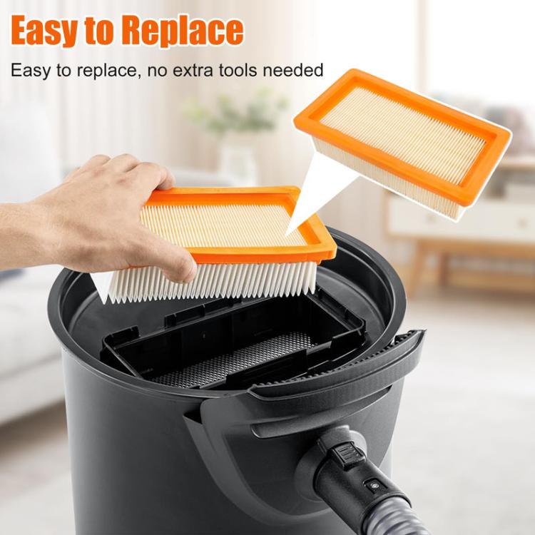 Orange and yellow vacuum cartridge filter with pleated paper media, easy to install