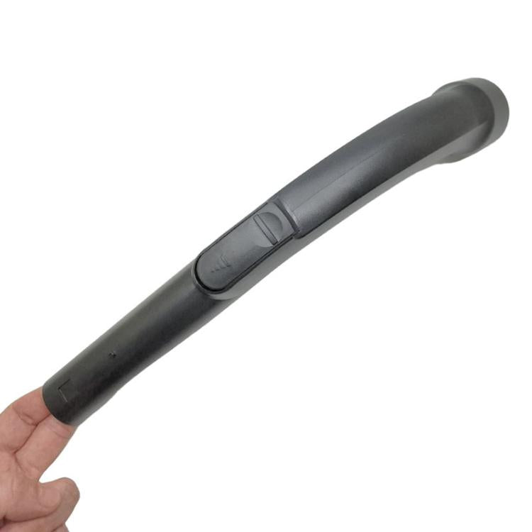 Curved vacuum cleaner handle with thumb switch and padded grip, dark gray