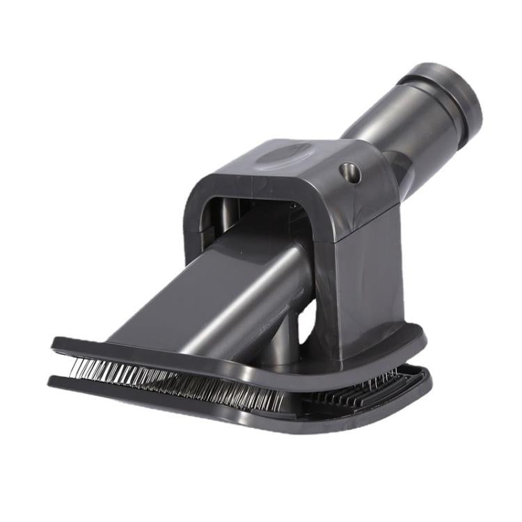 Vacuum pet hair brush attachment with angled nozzle and stiff bristle strip, dark gray