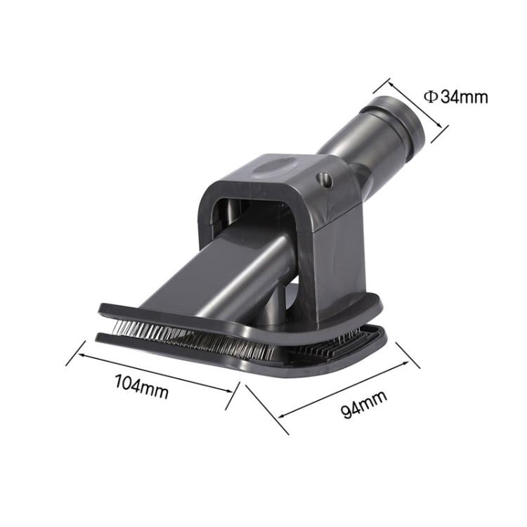Vacuum pet hair brush attachment with angled nozzle and side bristle strip, dark gray
