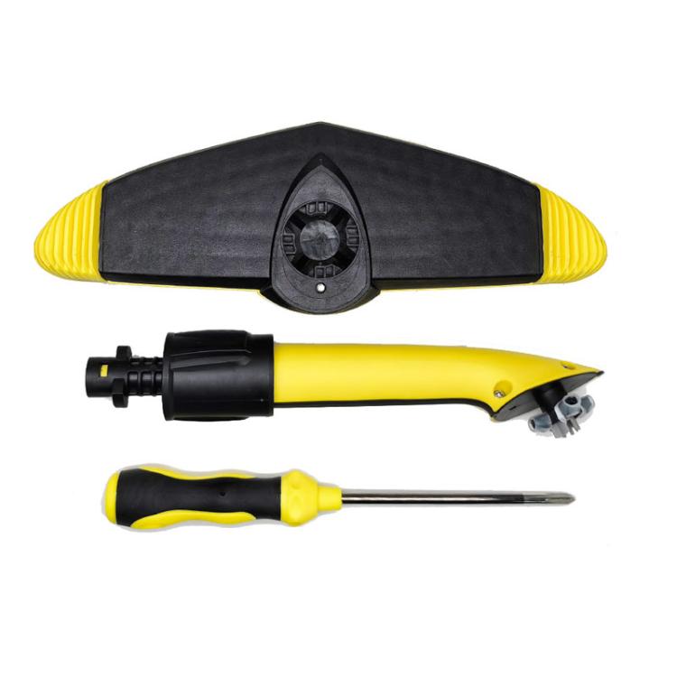 Pressure washer brush kit with yellow handle, gray brush head, adapter, and screwdriver