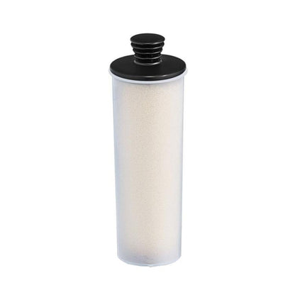 Cylindrical steam cleaner descaling filter cartridge with black cap and top valve