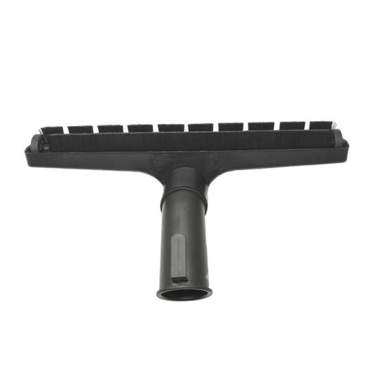 Black floor cleaning brush head with rigid bristles and suction connector