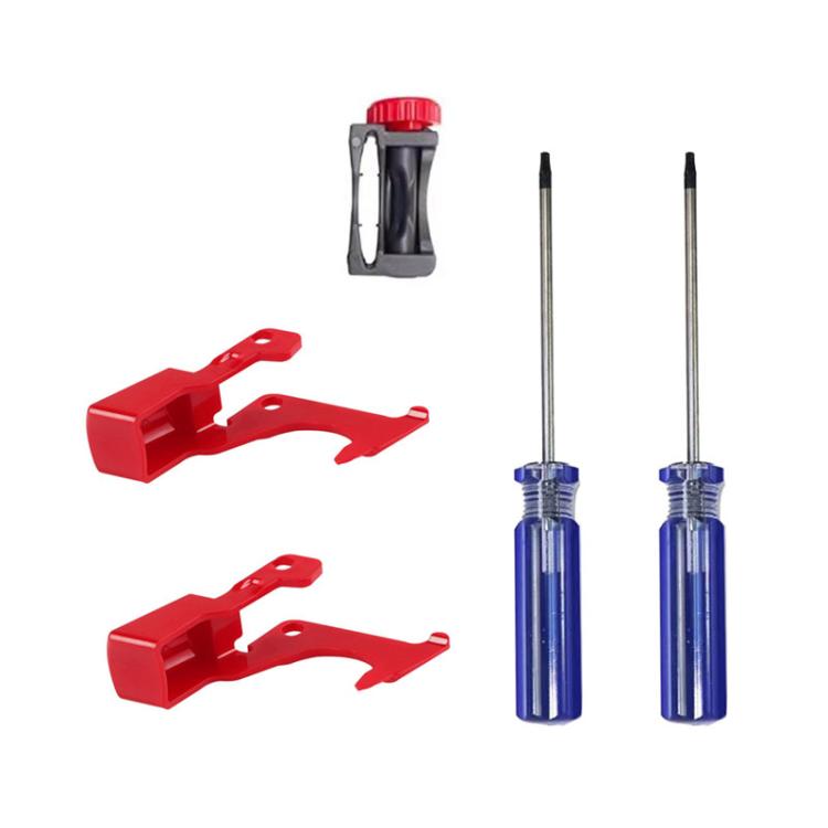 Vacuum cleaner main switch repair kit with red brackets, black trigger housing, and two blue screwdrivers