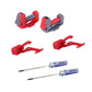 Vacuum cleaner main switch repair parts with red/gray brackets and two blue screwdriver tools