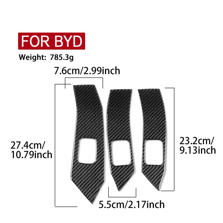 Three-piece black carbon-fiber lift panel decorative sticker set with size dimensions