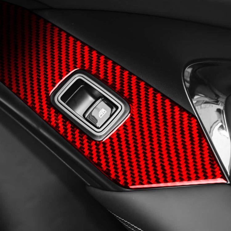 Installed red carbon-fiber lift panel decorative sticker around a rectangular button cover