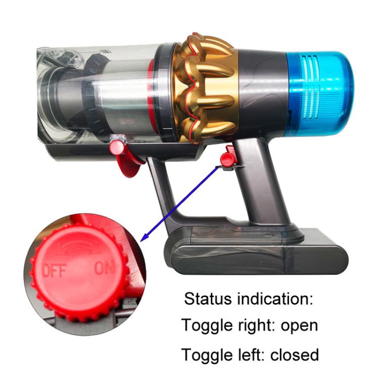 Vacuum switch latch holder on handheld vacuum base, red toggle and black housing