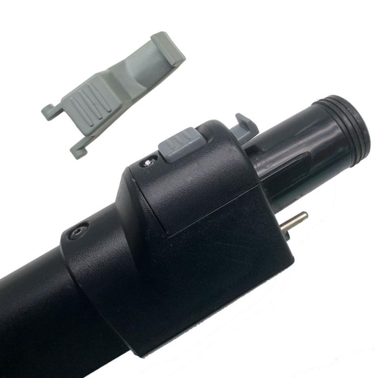 Extension rod clip attached on vacuum tube; light gray latch over black handle