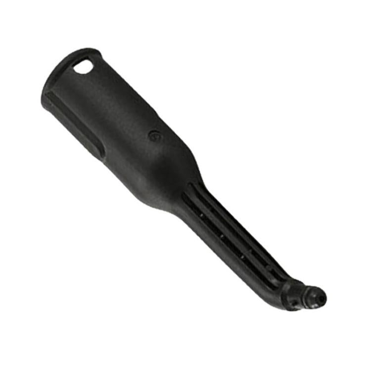 Steam cleaner nozzle extension pipe, dark plastic, curved body with mounting hole