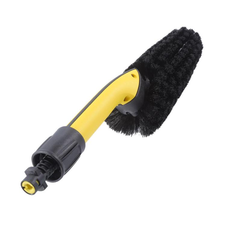 Wheel rim washing brush with curved black bristle head and yellow grip