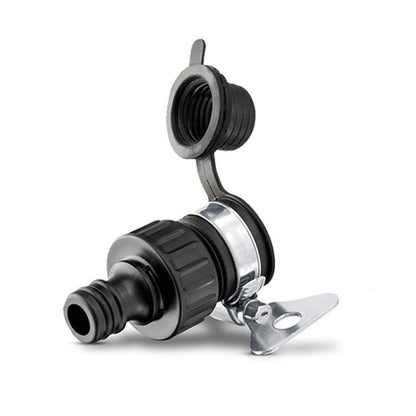 Universal faucet adaptor connector with black hose end and stainless steel mounting clip