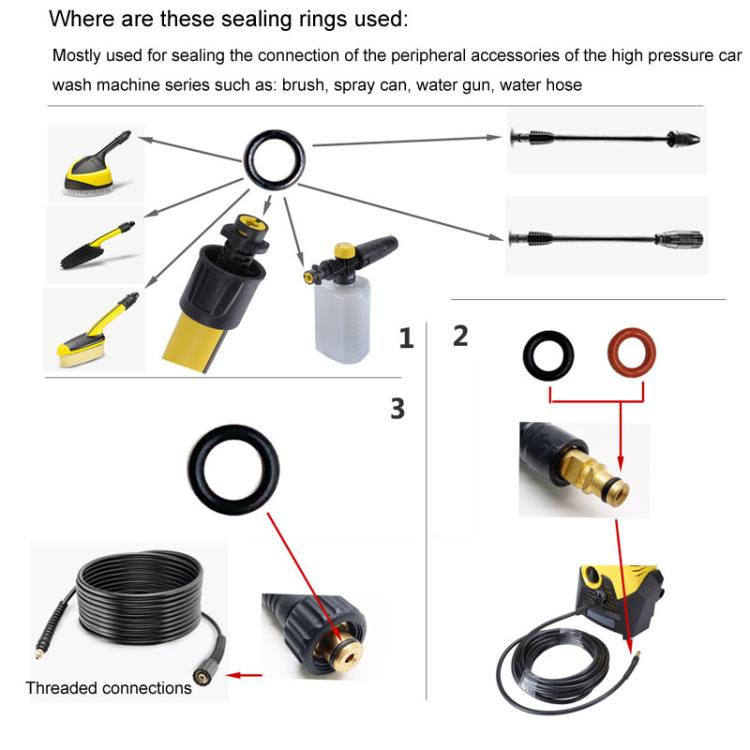 Pressure washer accessory sealing rings, black O-rings and yellow connectors for hoses