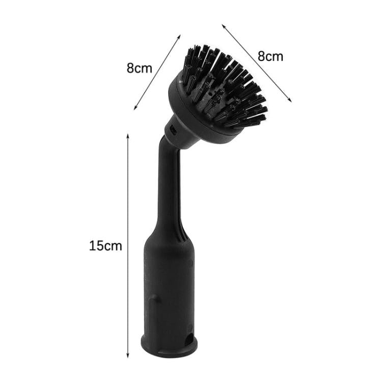 Steam cleaner crevice brush nozzle with round black bristle head and dark handle