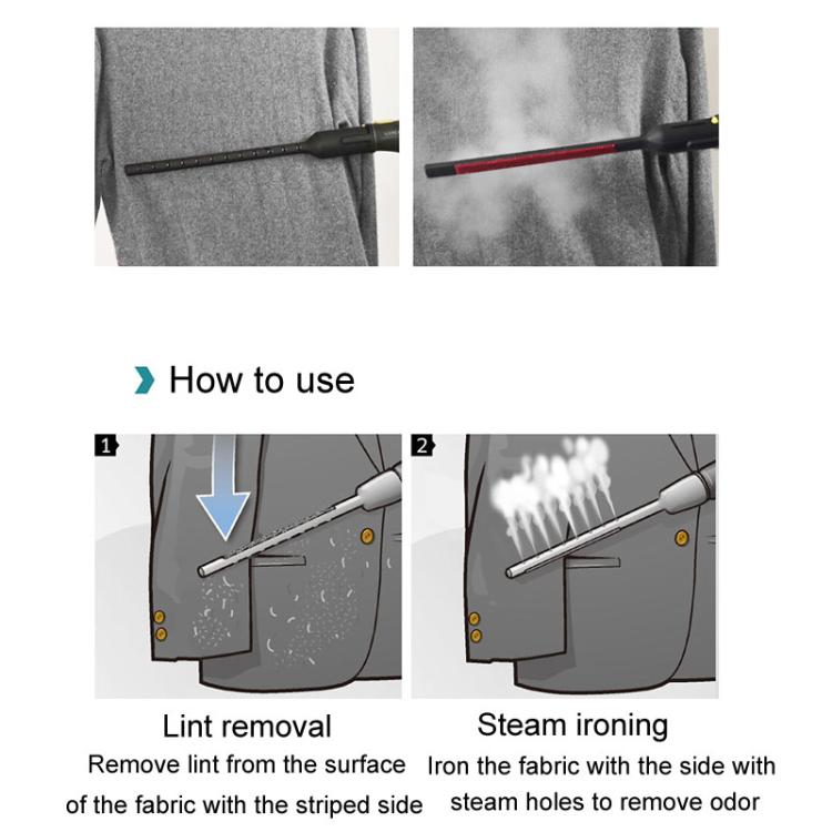 Steam cleaner combing brush in use on fabric, showing steam and lint removal steps