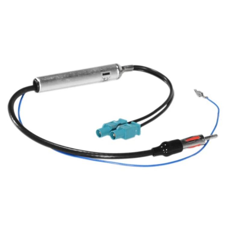 FM antenna amplifier lead with metal housing, black cable, teal and blue connectors
