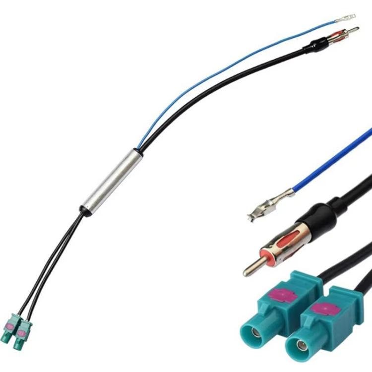 Car radio antenna booster wiring with metal antenna tube, pin leads, teal plugs