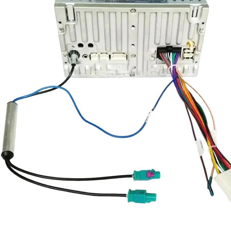 Car radio antenna booster wiring harness with colorful wires and teal connector plugs
