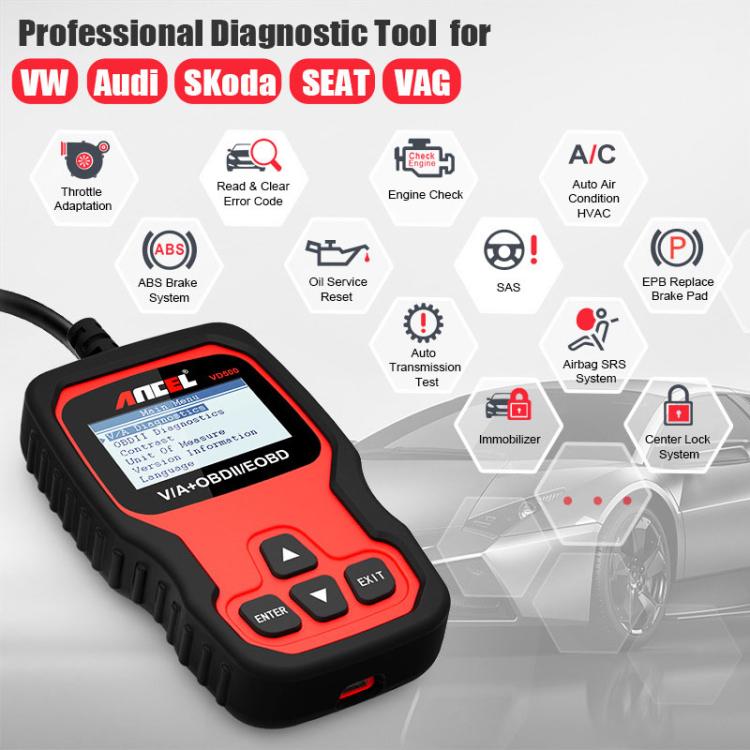 Handheld red OBD2 diagnostic scan tool with display and navigation buttons