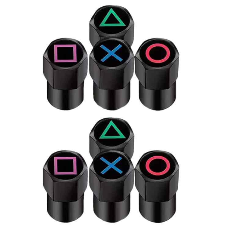 Set of black tire valve caps with colored symbols: triangle, square, X, circle