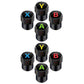 Set of black tire valve caps with letter logos: Y, X, B, A in colored lettering