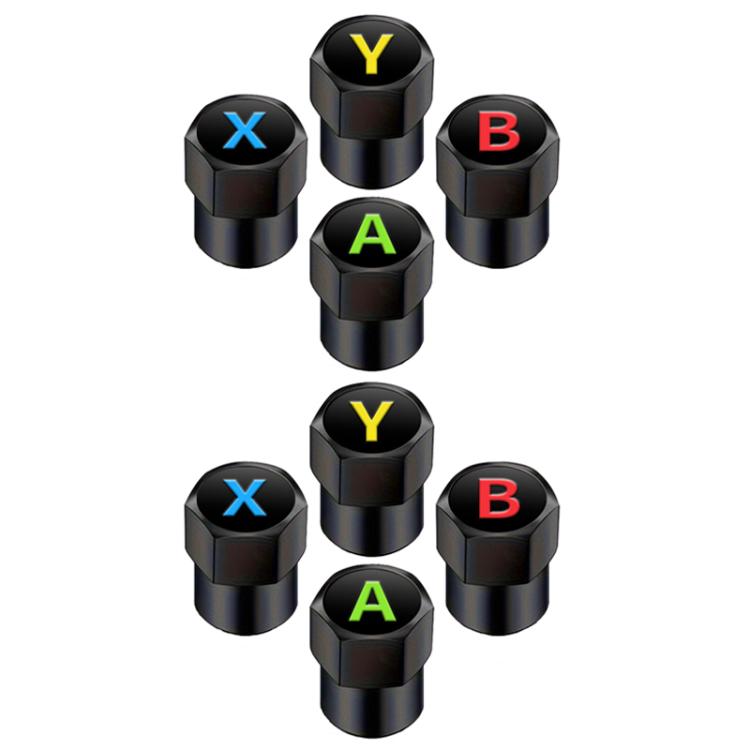 Set of black tire valve caps with letter logos: Y, X, B, A in colored lettering