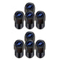 Set of black tire valve caps with blue circular logo discs
