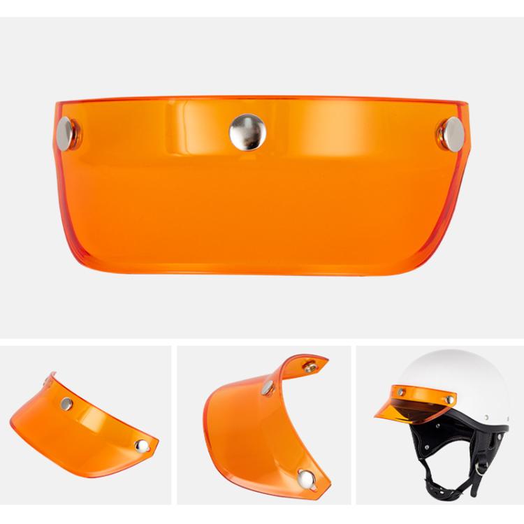 Orange motorcycle helmet visor brim with three metal snap buttons