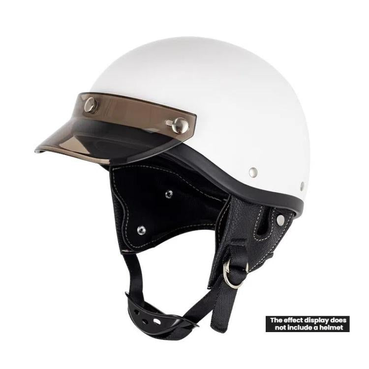 Dark tinted visor brim with three metal button mounts on white half helmet