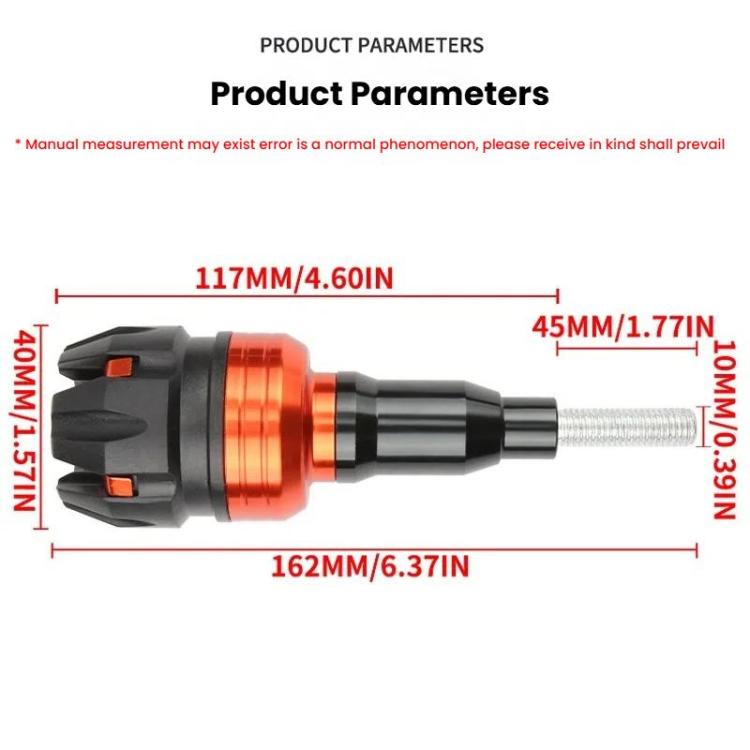 Orange and black anti-drop frame slider with silver threaded bolt and size guide lines
