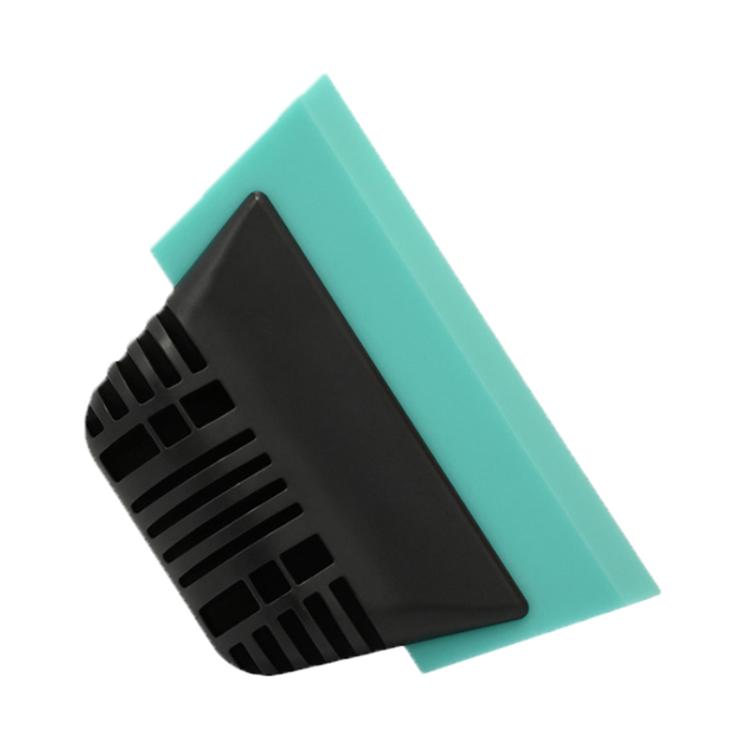 Car window tint scraper tool with black rubber blade and teal backing pad
