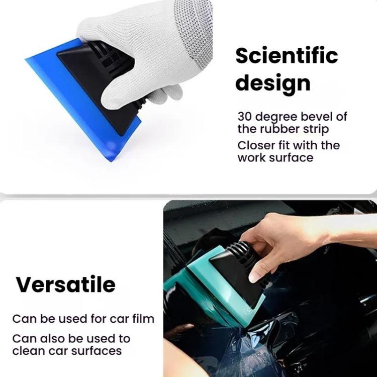 Window tint scraper tool with black blade and blue/teal pads, glove usage