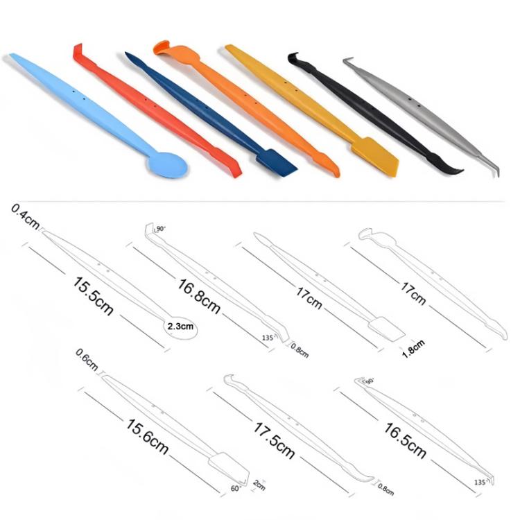Car wrap trimming tool set with size diagram and colorful squeegee scraper shapes