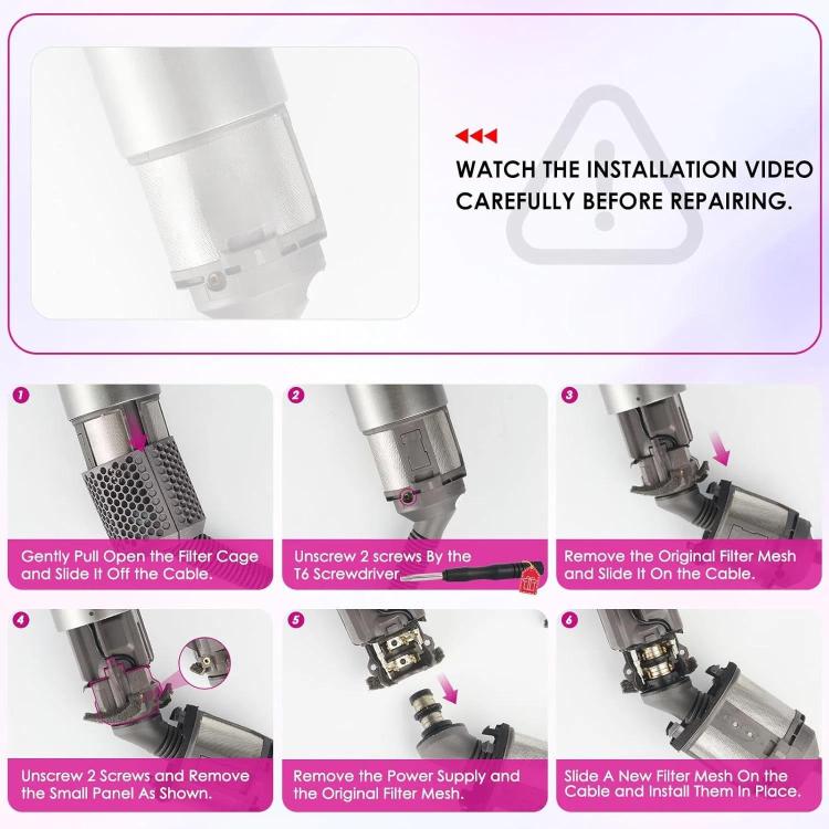 Inner filter installation guide showing mesh filter and mounting bracket components