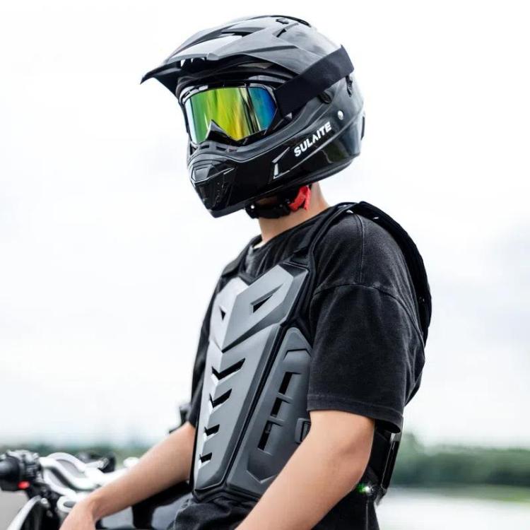 Motorcycle chest armor vest with dark straps and white side front plate