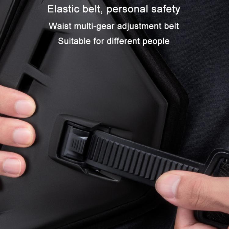 Waist adjustment buckle on black motocross armor vest for secure fit
