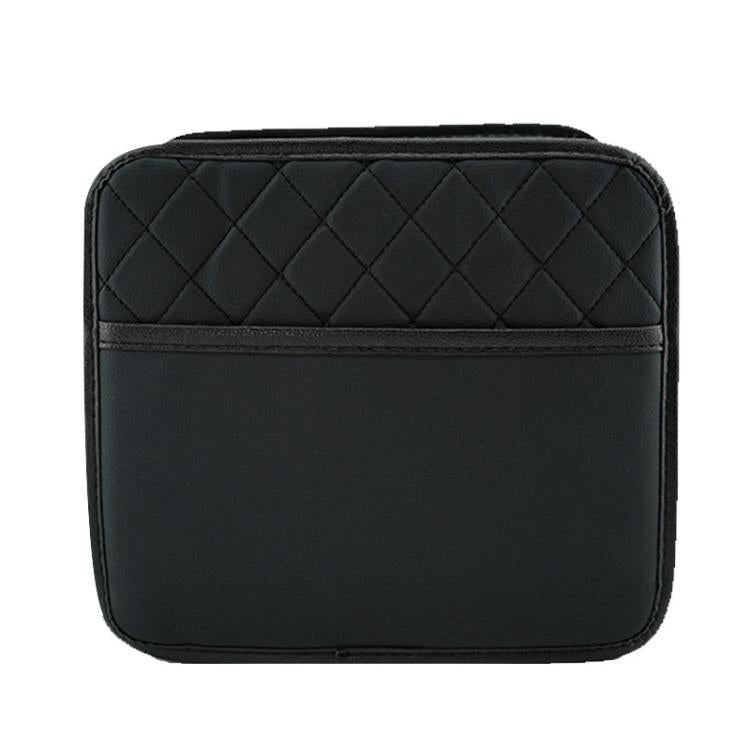 Black quilted car seat back storage bag with smooth front panel and top flap
