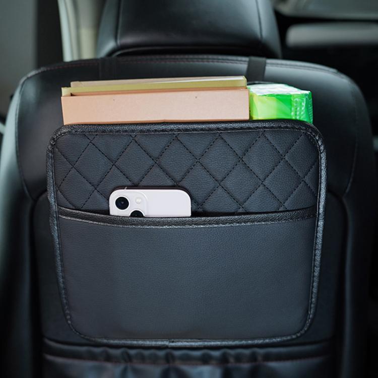 Car seat back organizer bag with quilted top and front pocket holding phone and papers