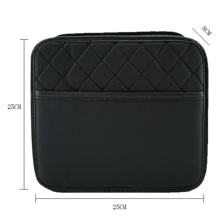 Black quilted car seat back storage bag with flat front panel and rounded edges