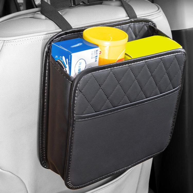 Car seat back storage bag with quilted front and side pocket, holding bottles and containers