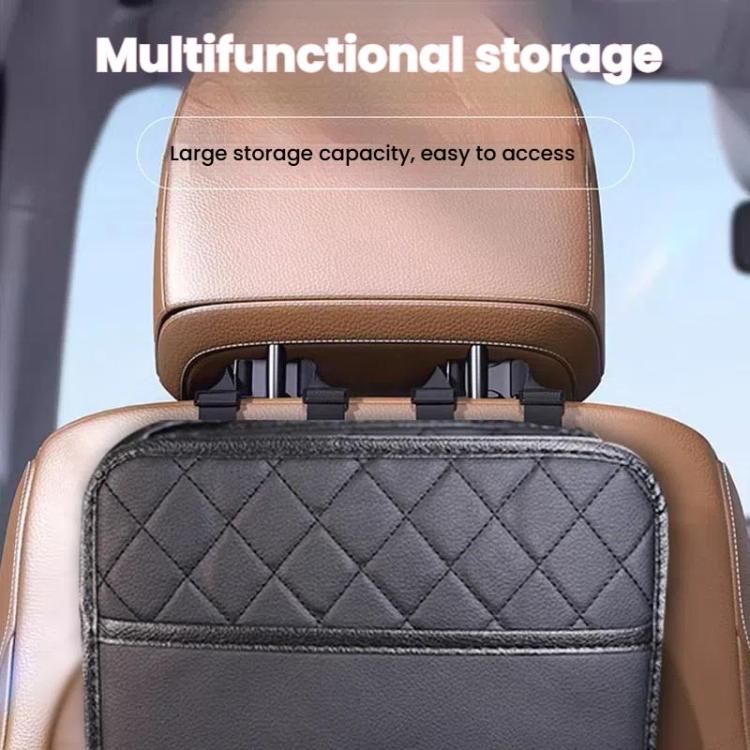 Car seat back storage bag with quilted front panel and rear strap attachments