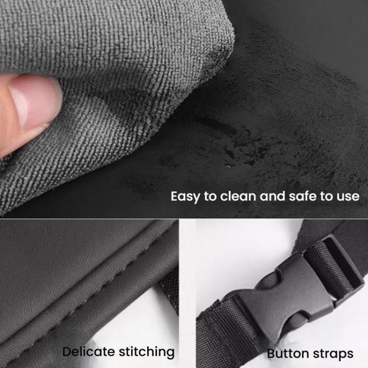 Car seat back storage bag close-up of quilted fabric, stitching, and button straps