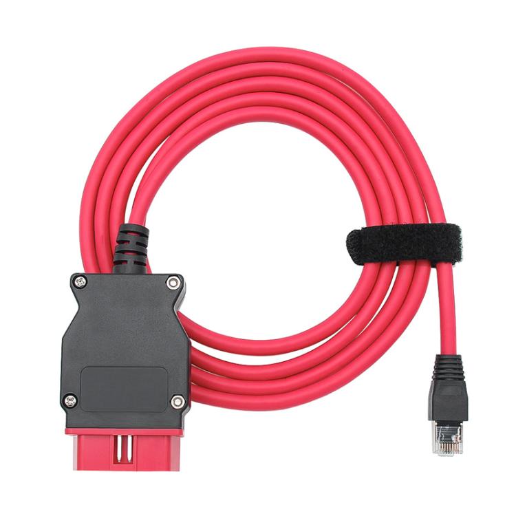 Red cable with black adapter housing, red OBD connector, and RJ45 plug